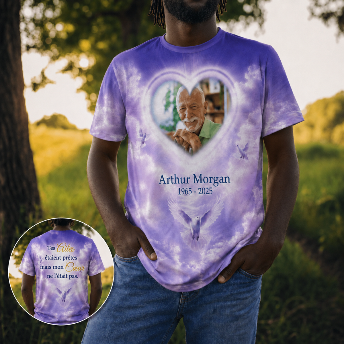 Custom memorial t-shirt featuring a photo of a man, heart frame, dove artwork, and a sentimental sympathy quote text.