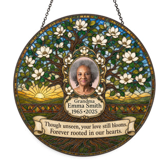 A round personalized memorial gift featuring a tree of life motif, photo of a grandmother, and heartfelt commemorative message.