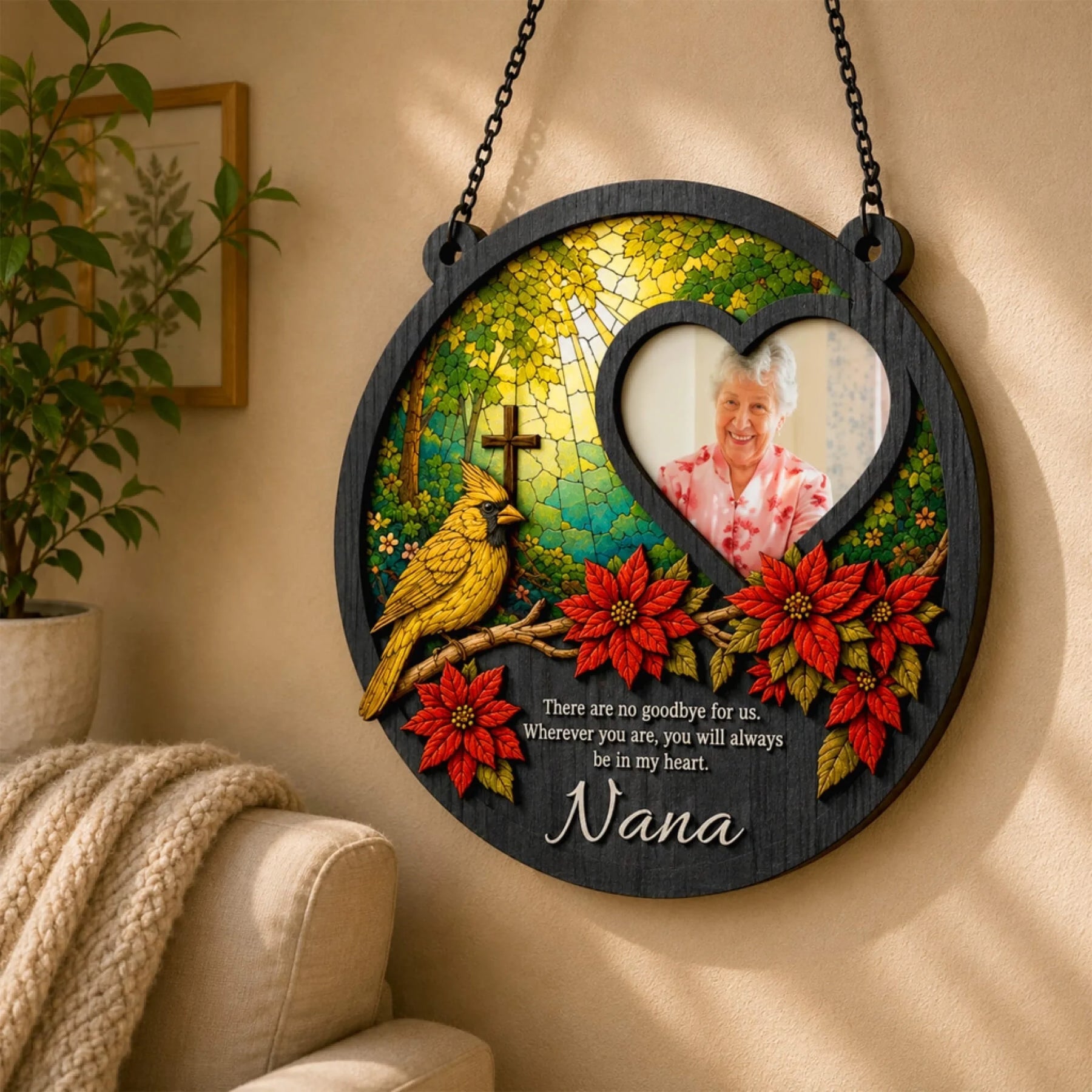 Decorative memorial wall plaque with a cardinal design and custom Nana photo for personalized sympathy and home decor.