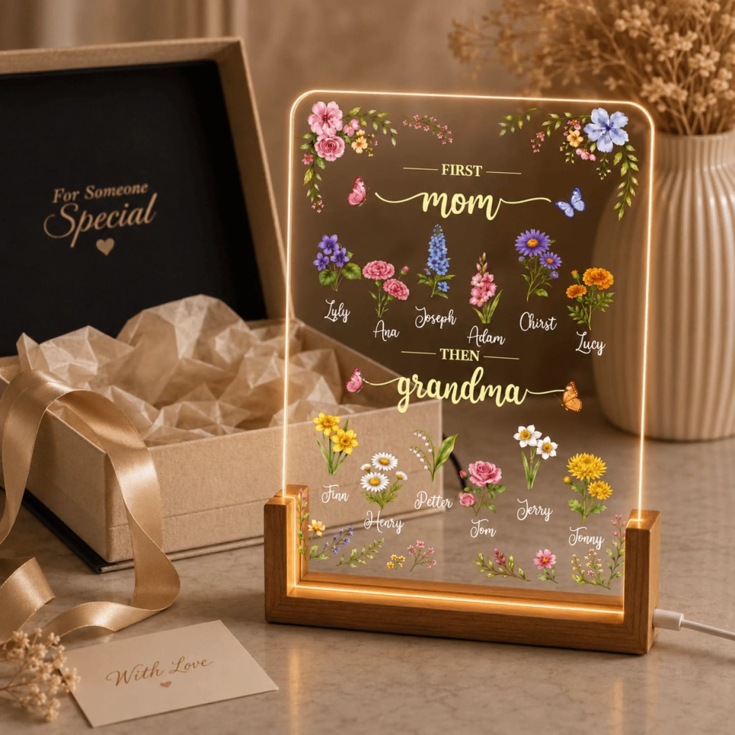 Customized floral acrylic LED night light gift set for mom and grandma with family member names and birth flowers.