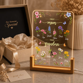 Customized floral acrylic LED night light gift set for mom and grandma with family member names and birth flowers.