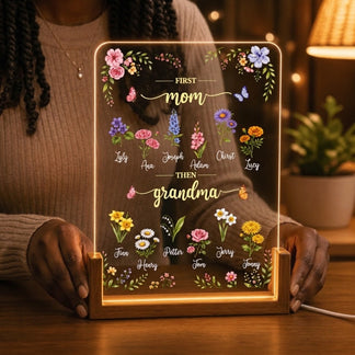 Custom birth flower LED acrylic night light featuring mom and grandma text with family member names for Mother's Day.