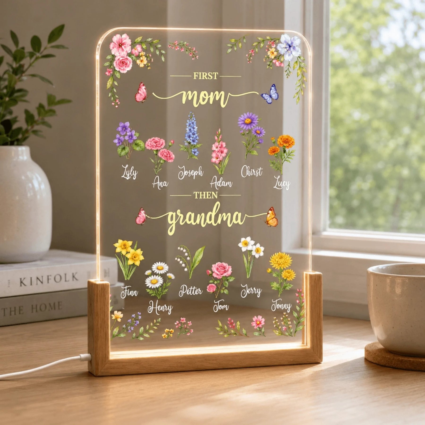 Custom birth flower LED acrylic night light featuring mom and grandma text with family member names for Mother's Day.