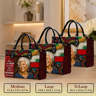 Personalized PU leather handbag with custom photo and quote about being a mom and grandma featuring African tribal patterns.