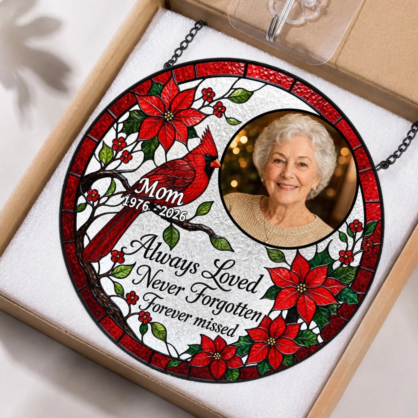 Custom cardinal suncatcher memorial gift for mom displayed in a protective box with a hanging chain and suction cup