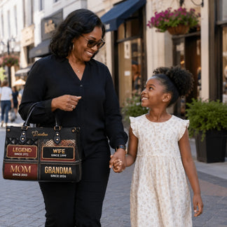 Custom leather handbag featuring personalized milestone years for legend wife mom and grandma makes a perfect birthday gift.