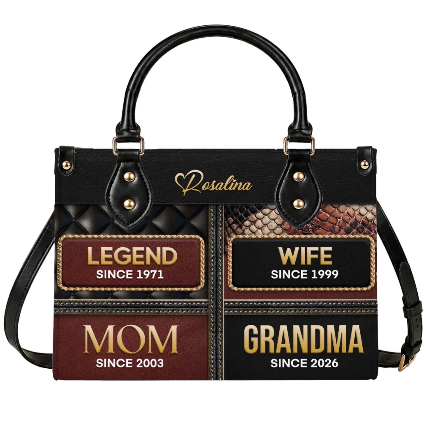 Personalized leather handbag featuring custom titles like Legend, Wife, Mom, and Grandma with significant years for Mother’s Day.