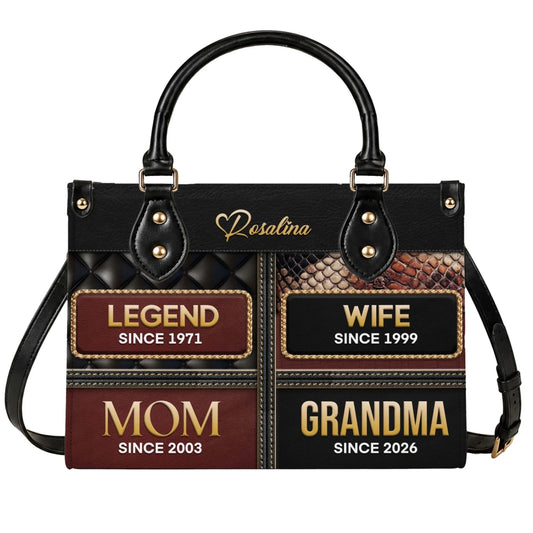 Personalized leather handbag featuring custom titles like Legend, Wife, Mom, and Grandma with significant years for Mother’s Day.
