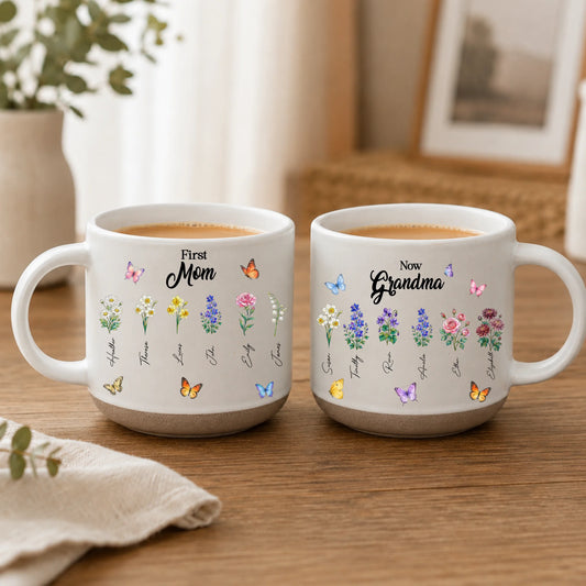 Two personalized white ceramic mugs featuring floral illustrations, butterfly accents, and custom names for mom and grandma.