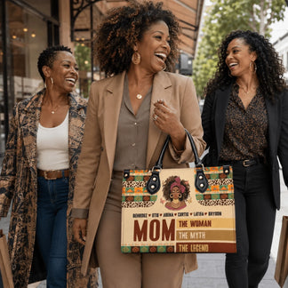 Stylish woman carrying a custom handbag featuring African American mom art and names, perfect for family gifts.