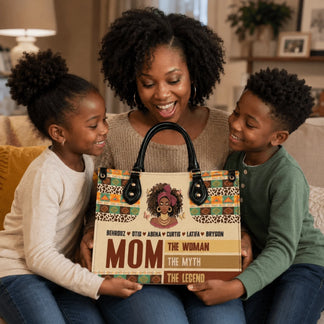 Happy family holding a custom designed mom handbag with African American woman art and personalized children names.