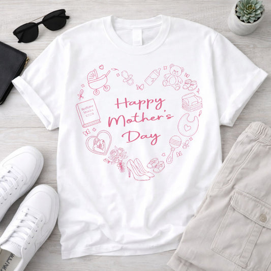 White t-shirt with 'Happy Mother's Day' design on a light wooden surface with shoes and a jacket.