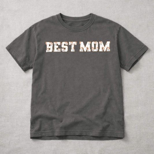 Gray t-shirt with 'BEST MOM' text on a gray background