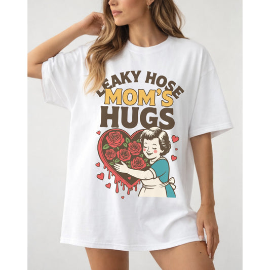 White t-shirt with graphic design and text worn by a person on a white background