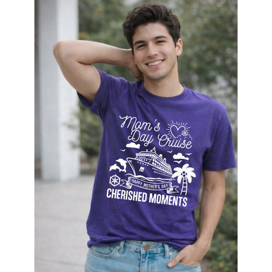 Person wearing a purple t-shirt with a cruise-themed design and text.