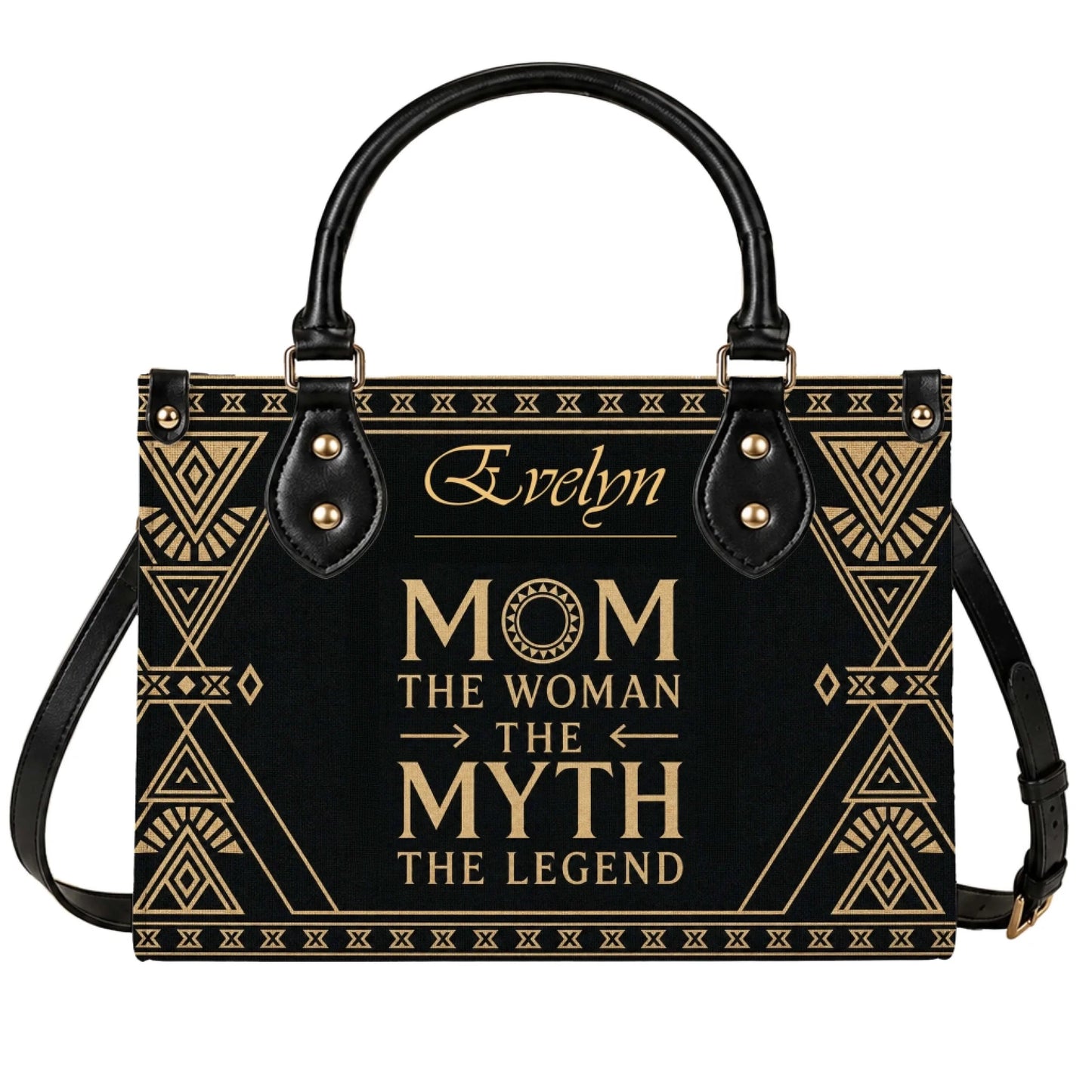 Black and gold personalized handbag for mom featuring the quote The Woman The Myth The Legend and custom name Evelyn.