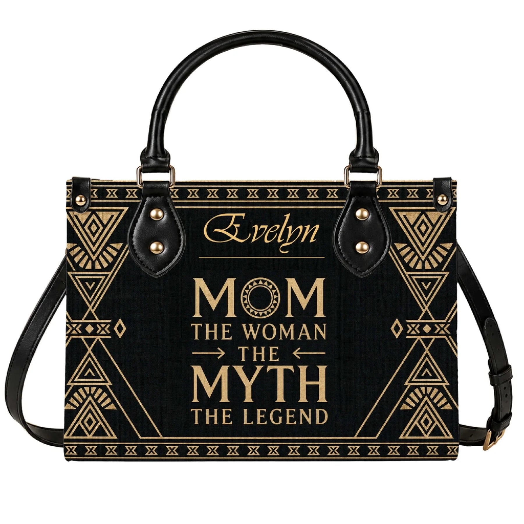 Black and gold personalized handbag for mom featuring the quote The Woman The Myth The Legend and custom name Evelyn.