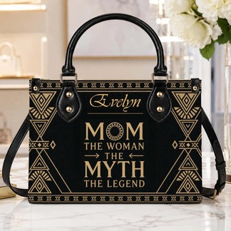 Personalized pu leather handbag featuring custom Evelyn name text Mom The Woman The Myth The Legend gift for mom