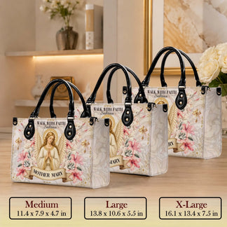 A set of three personalized Mother Mary and angel floral print PU leather handbags available in medium large and XL sizes.