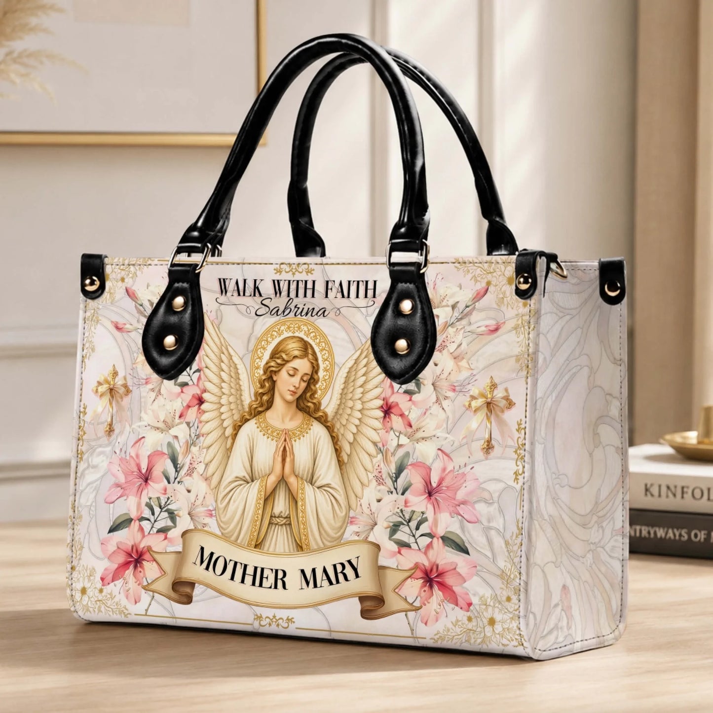 Personalized angel themed handbag featuring Mother Mary scroll design and Sabrina name for meaningful faith gifts
