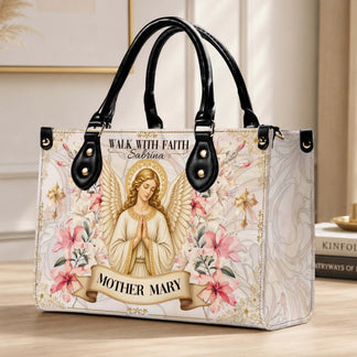 Personalized angel themed handbag featuring Mother Mary scroll design and Sabrina name for meaningful faith gifts