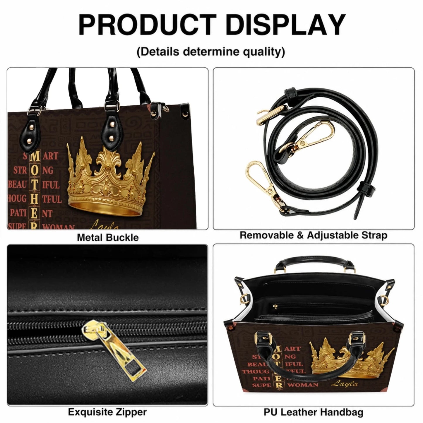 Close up details of a personalized Mother tote bag showing the zipper hardware, removable strap, and PU leather.