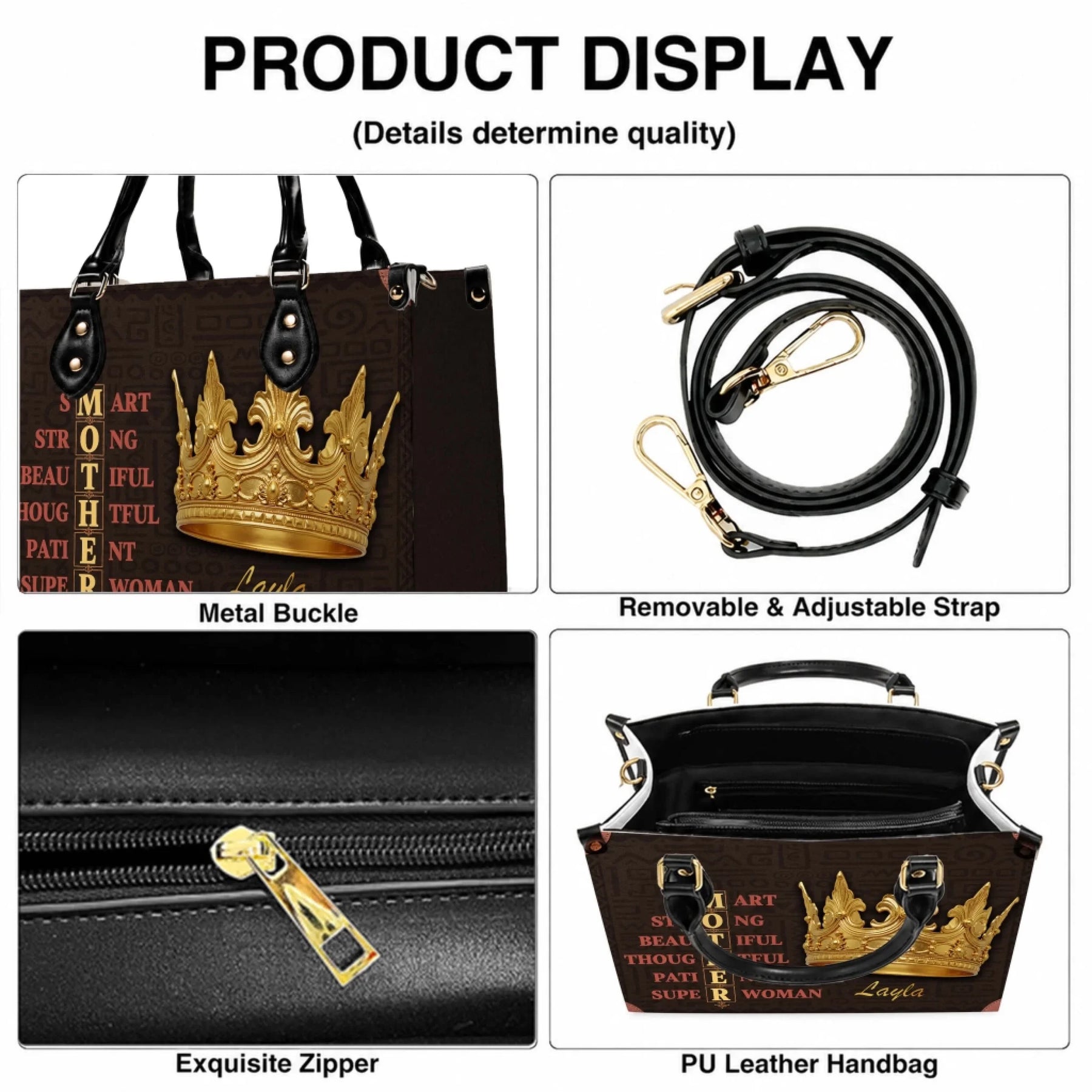 Close up details of a personalized Mother tote bag showing the zipper hardware, removable strap, and PU leather.