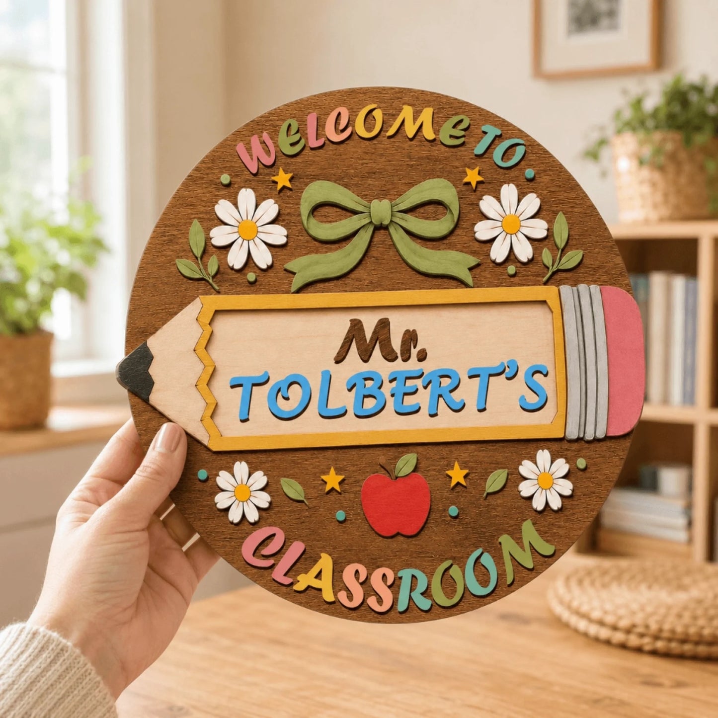 Decorative classroom wooden sign with a custom teacher name pencil design, ideal for end of school year teacher gifts.