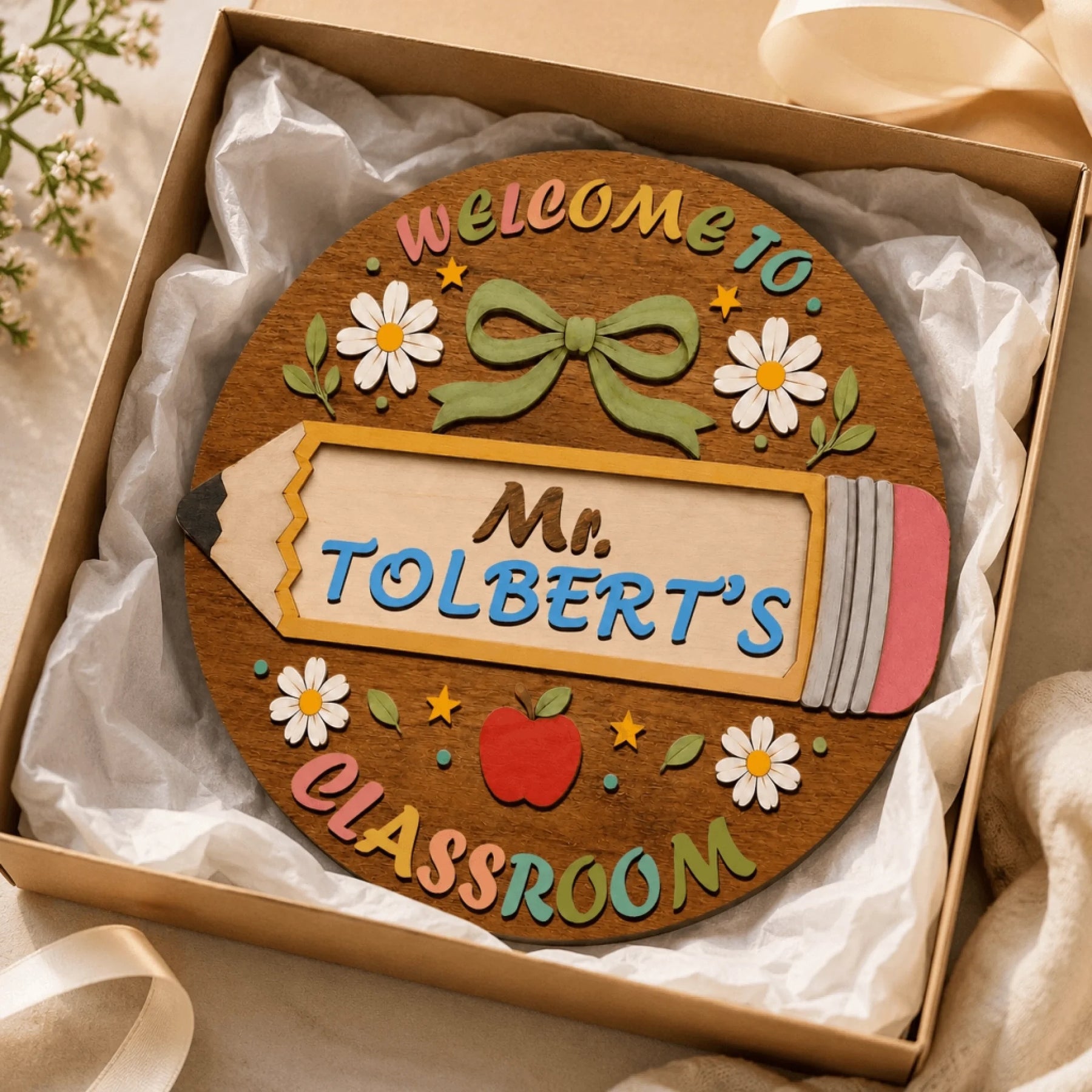 Custom teacher classroom wooden sign displayed in a gift box, a thoughtful teacher appreciation or school gift.