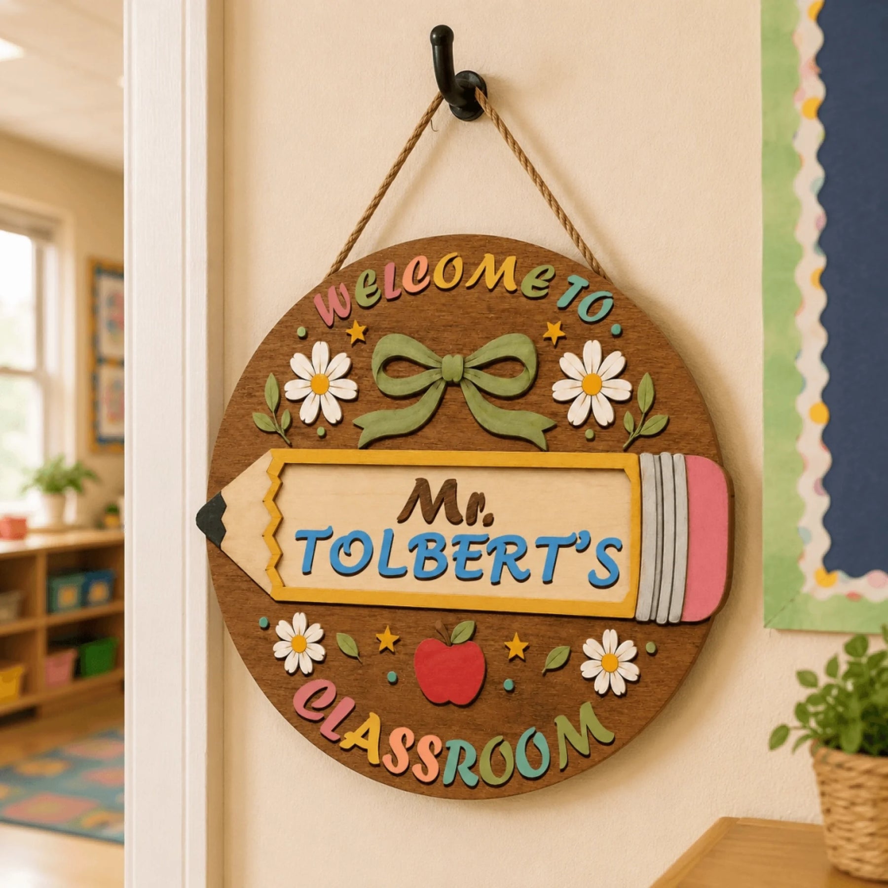 Custom wooden classroom sign featuring a pencil design and daisy floral decor, perfect for teacher appreciation week.
