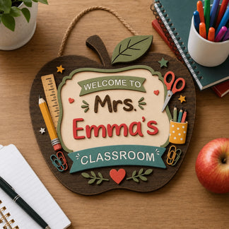 Custom Mrs Emma classroom apple sign with school supply decor as a thoughtful gift for Teacher Appreciation Week.