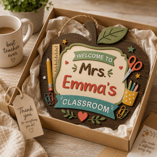 Mrs Emma classroom personalized apple sign presented in a gift box as a special teacher appreciation present.