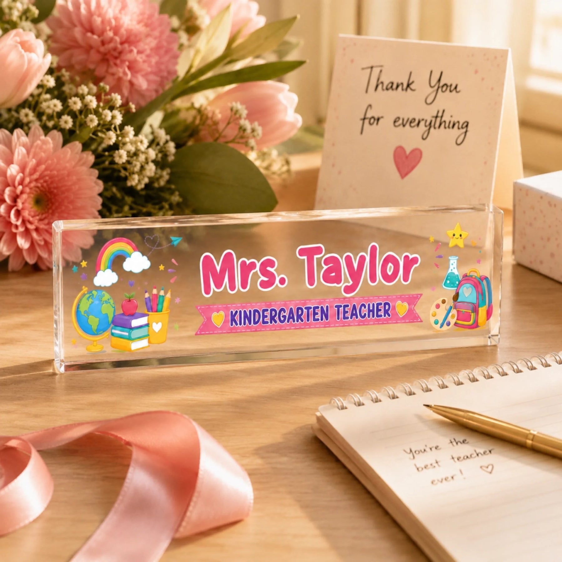 Personalized Mrs Taylor acrylic desk sign with colorful school graphics for kindergarten teacher appreciation gift.