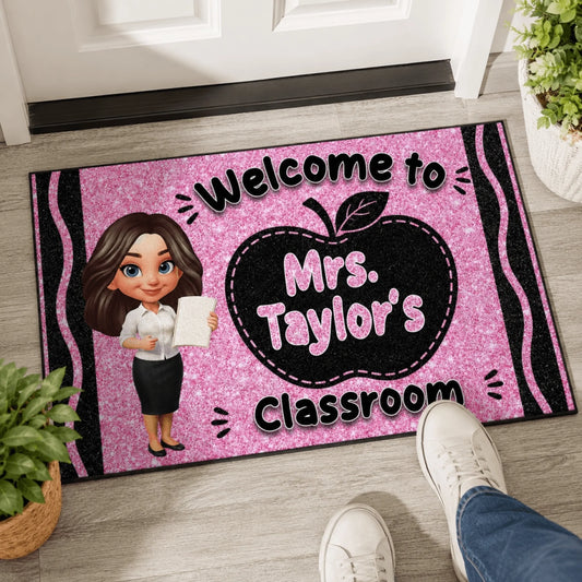 Custom classroom doormat featuring a pink glitter aesthetic with a teacher illustration for Teacher Appreciation Day.