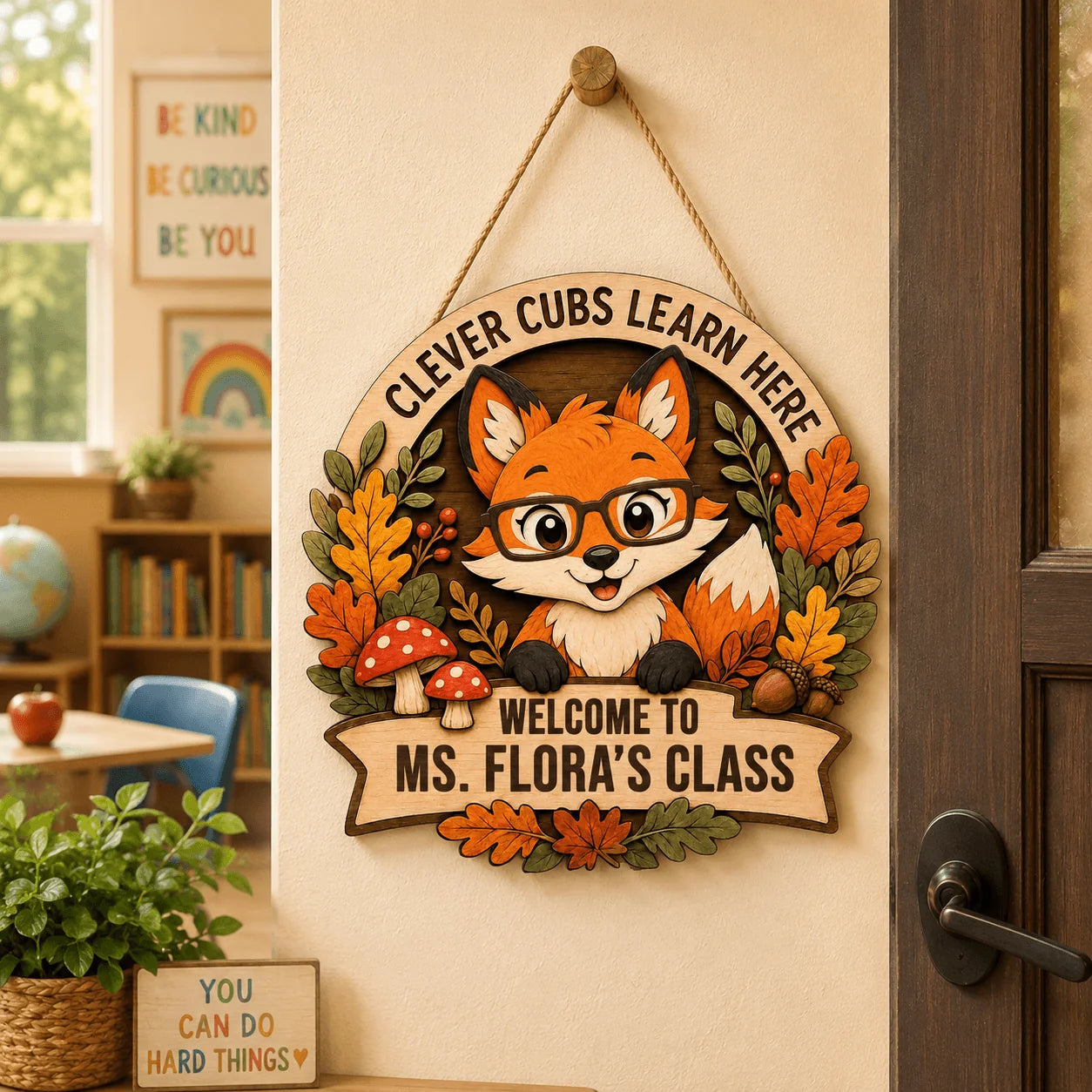 Custom wooden classroom door sign featuring a cute fox wearing glasses, personalized for Ms. Flora’s class back to school.