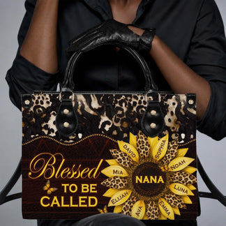 Fashionable personalized handbag featuring sunflower art, family names, and the text Blessed To Be Called Nana.