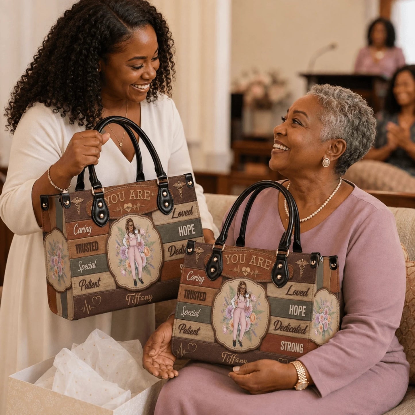A smiling woman gifting a personalized nurse theme handbag to a friend during a celebratory event or party.