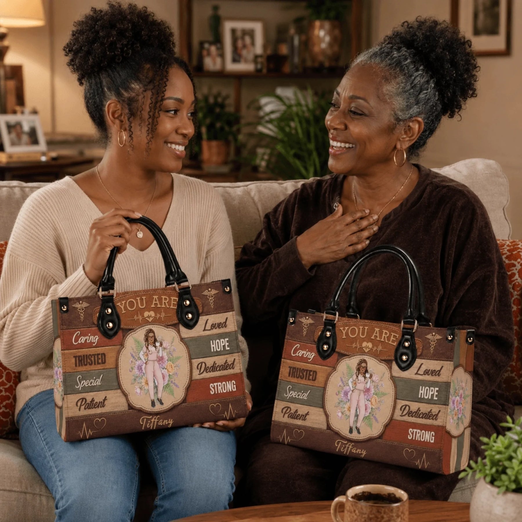 Two women sitting on a sofa holding custom nurse themed handbags featuring floral illustrations and a personalized name.