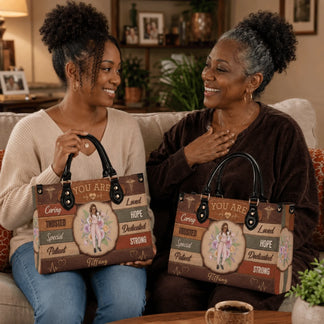Two women sitting on a sofa holding custom nurse themed handbags featuring floral illustrations and a personalized name.