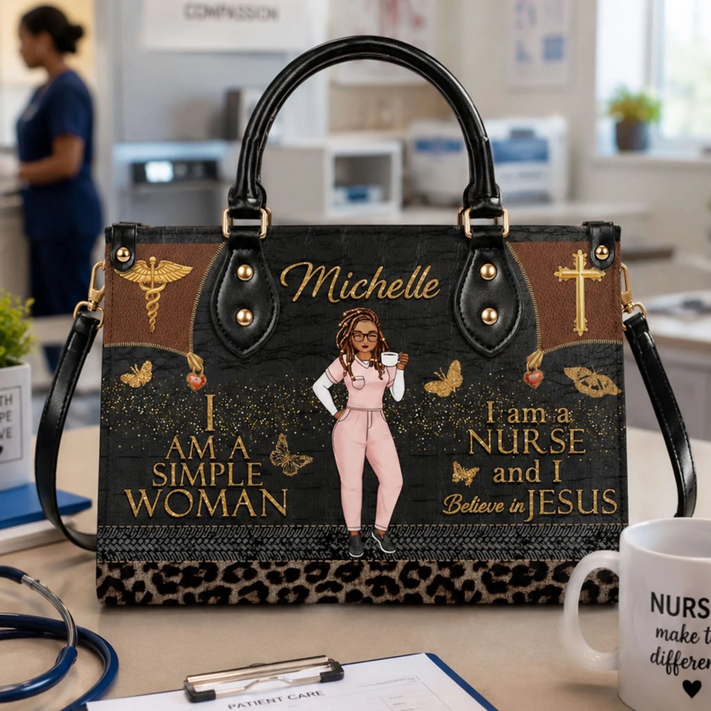 Custom Michelle nurse handbag with Christian theme, featuring a simple woman nurse illustration, golden cross, and leopard print base.