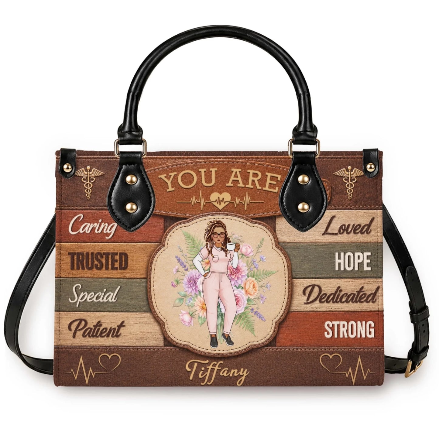 Custom nurse handbag with Tiffany name featuring a floral design and stethoscope icons perfect for nurse appreciation gift.