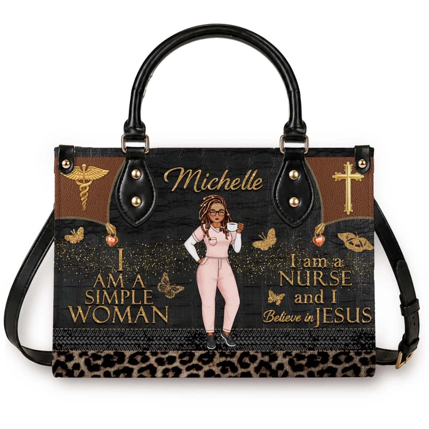 Custom Michelle nurse handbag featuring a simple woman nurse illustration with faith quote and leopard print trim.