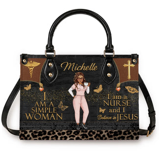 Custom Michelle nurse handbag featuring a simple woman nurse illustration with faith quote and leopard print trim.