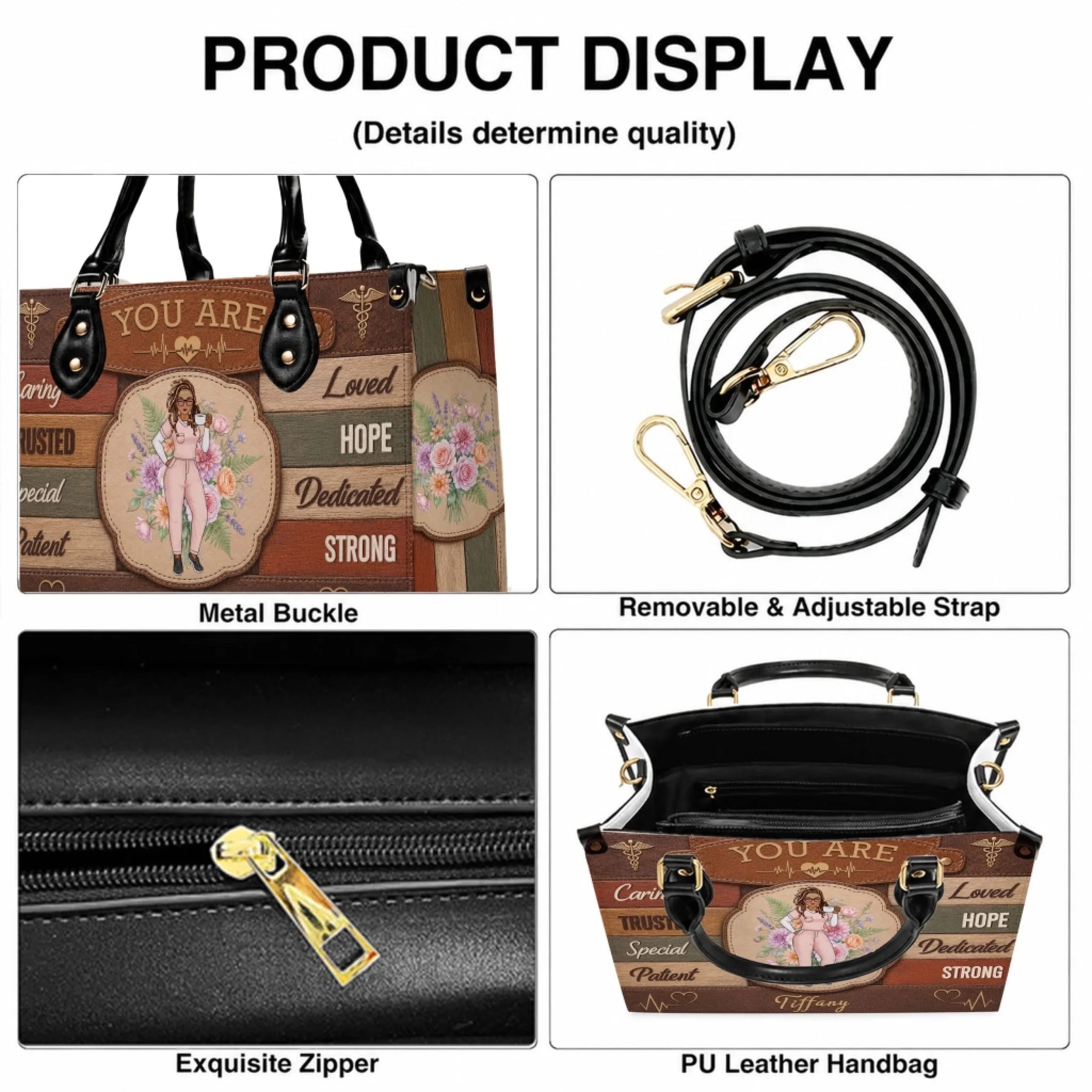 Personalized nurse handbag featuring a custom character design, floral accents, and inspirational words like Caring and Hope.