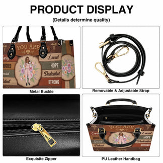Personalized nurse handbag featuring a custom character design, floral accents, and inspirational words like Caring and Hope.
