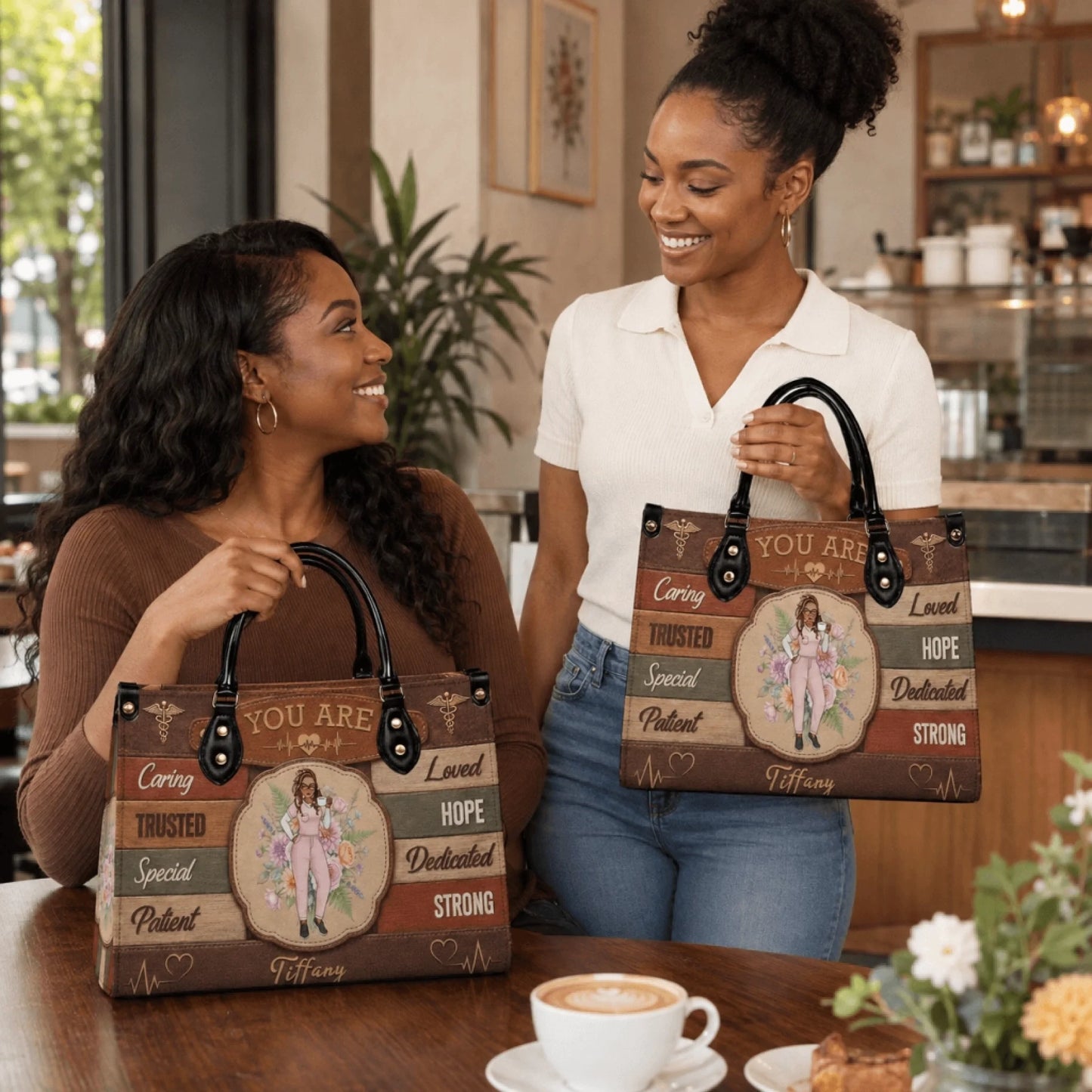 Two women posing with personalized nurse themed handbags featuring floral illustrations and custom name Tiffany design.
