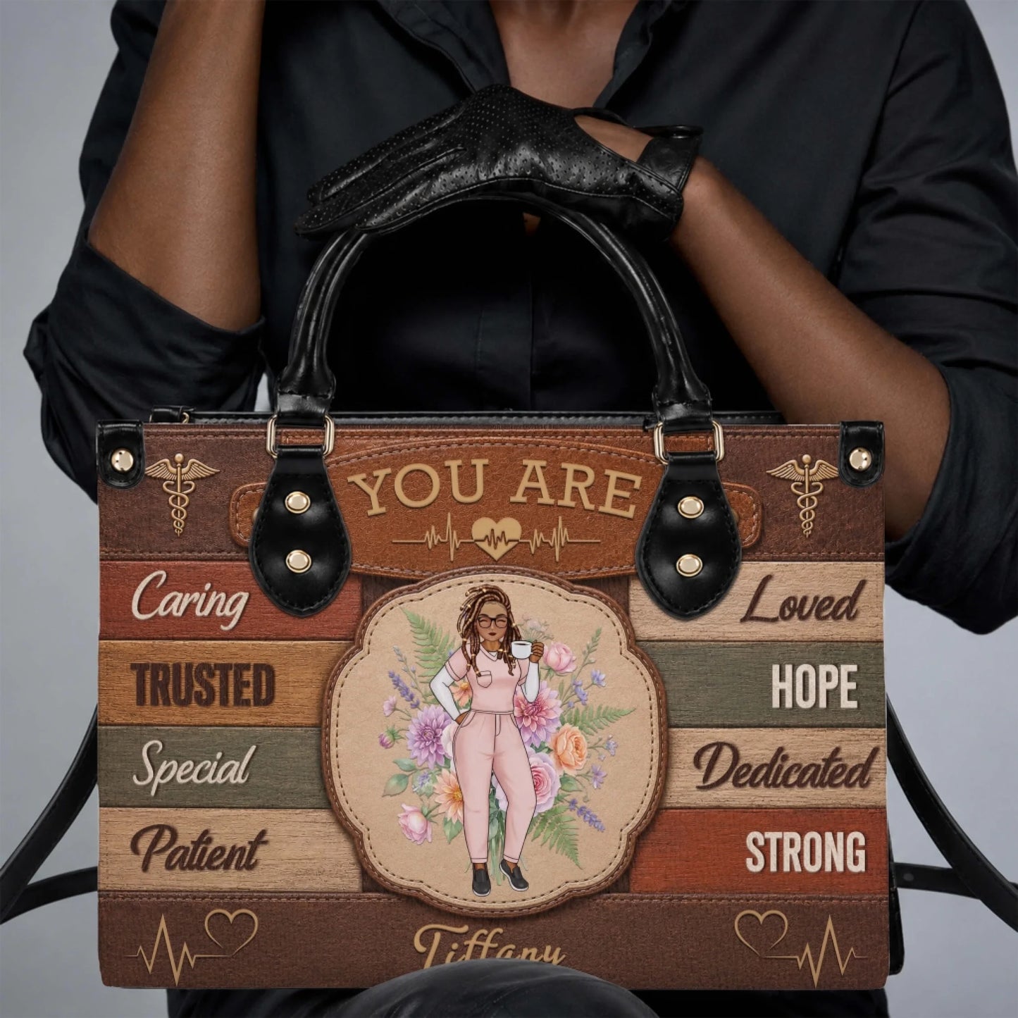 Custom nurse handbag with a personalized character, floral illustration, and medical symbols perfect for nurse appreciation.