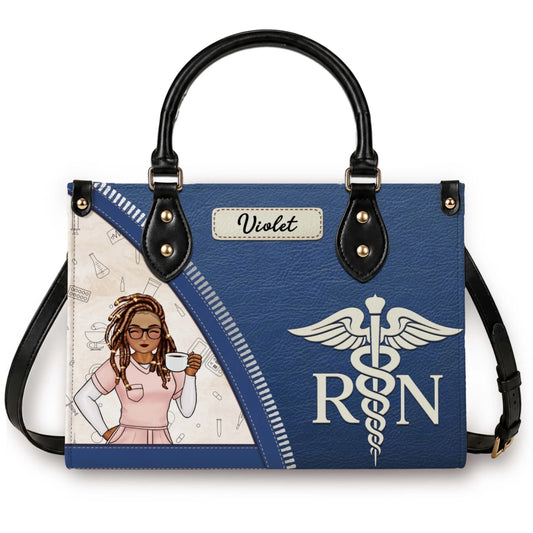 Personalized nurse handbag featuring an RN caduceus emblem and custom Violet name plate for registered nurses.