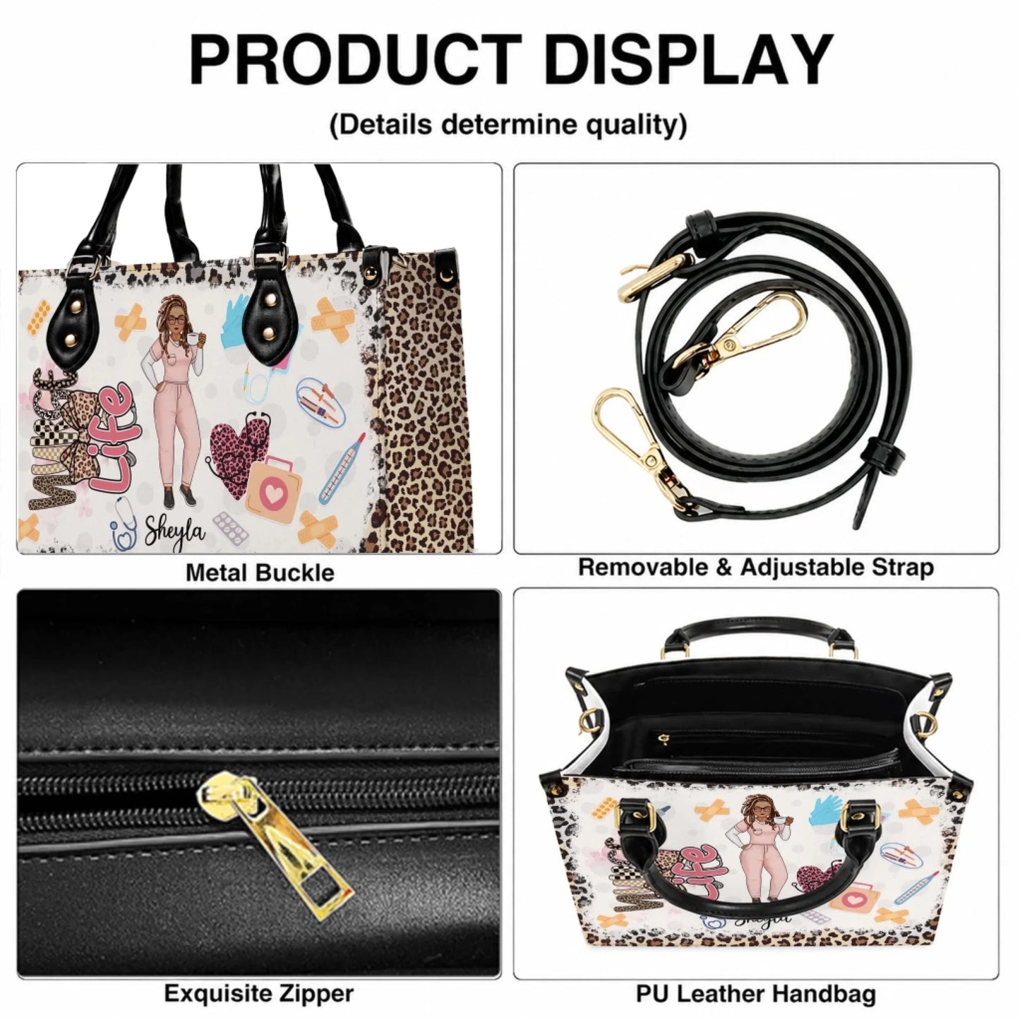 Product detail views of a personalized nurse leopard handbag including metal buckle adjustable strap and zipper.