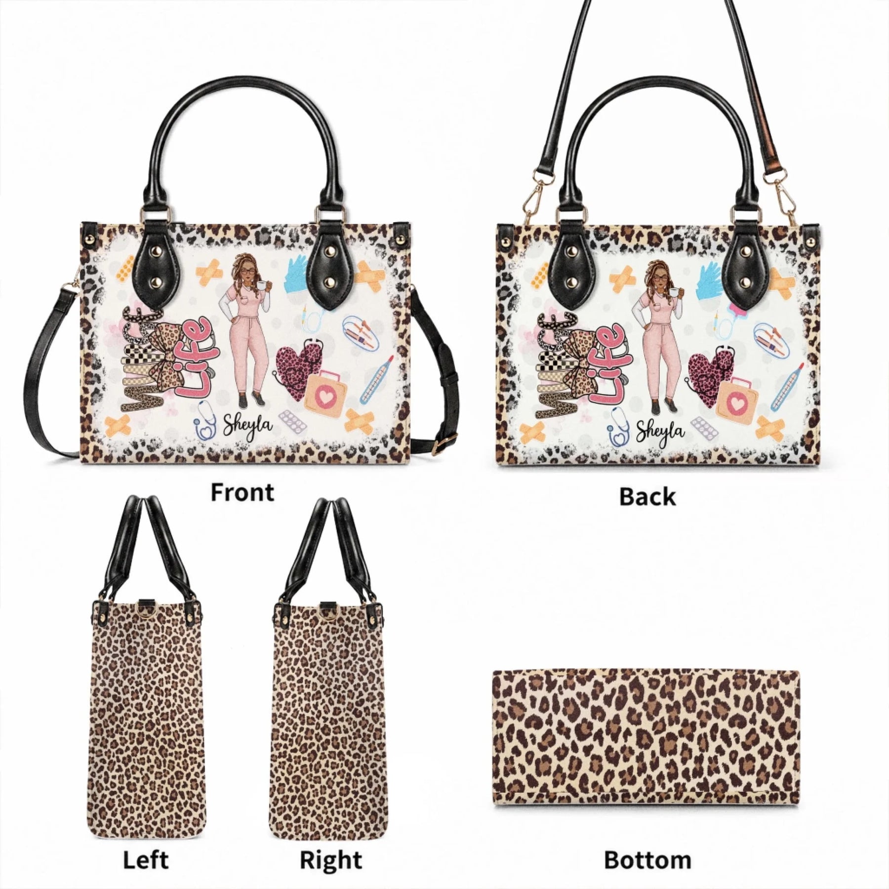 Personalized nurse life handbag with leopard print details shown from front back side and bottom angles for reference.